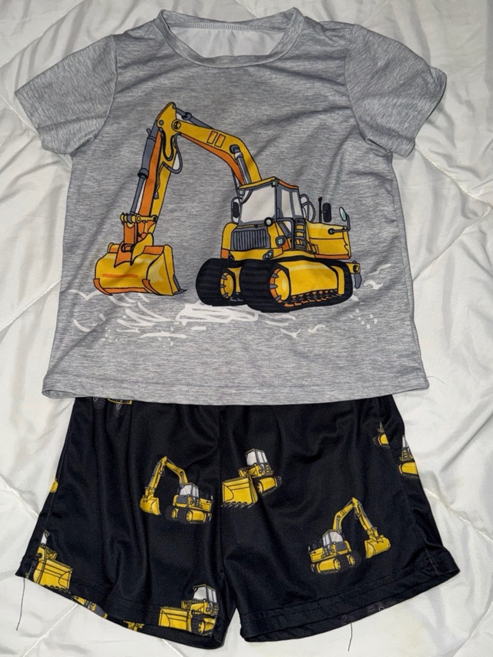 Gray & Yellow Excavator Kids Playset Tee and Shorts